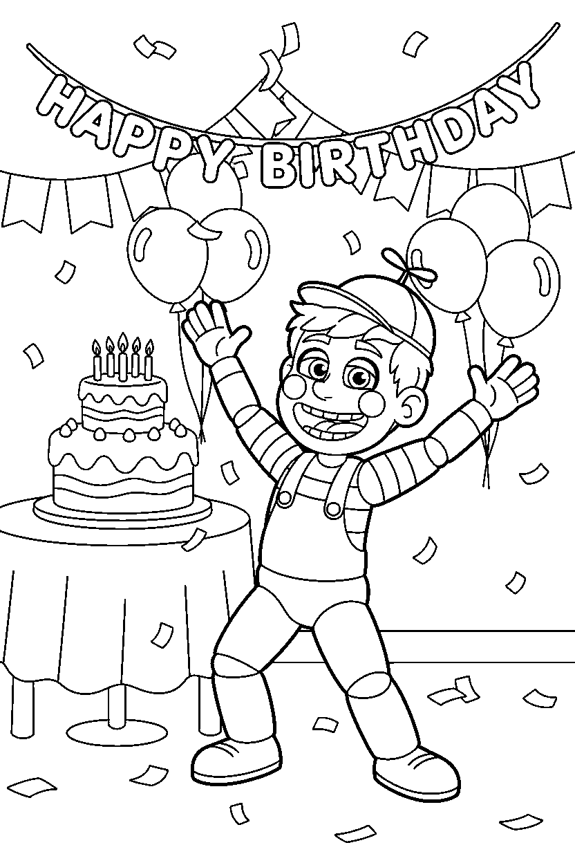 jj from five nights at freddy s dancing happily in a birthday celebration room line art