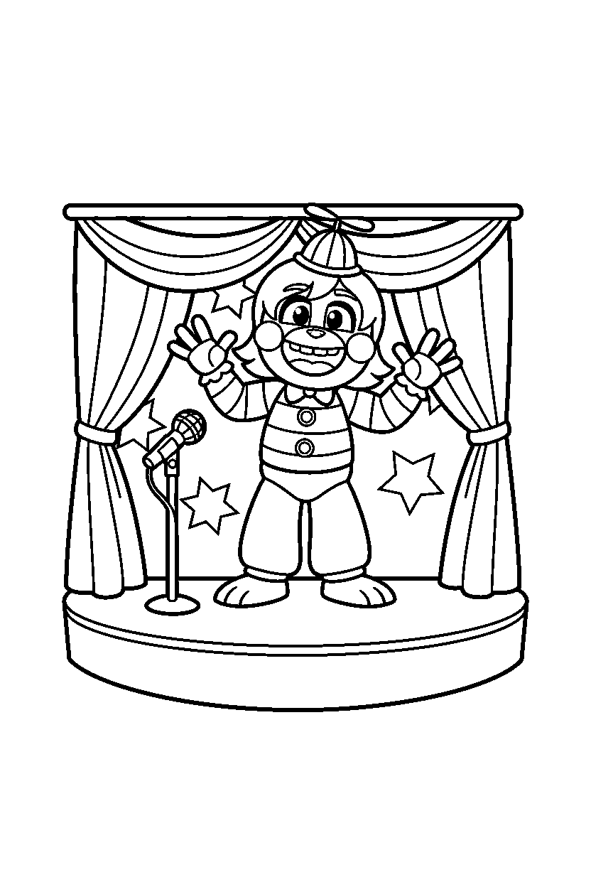 jj from five nights at freddy s greeting happily on a performance stage line art