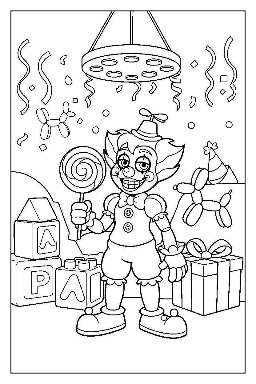 jj from five nights at freddy s holding a candy in a decorated playroom line art