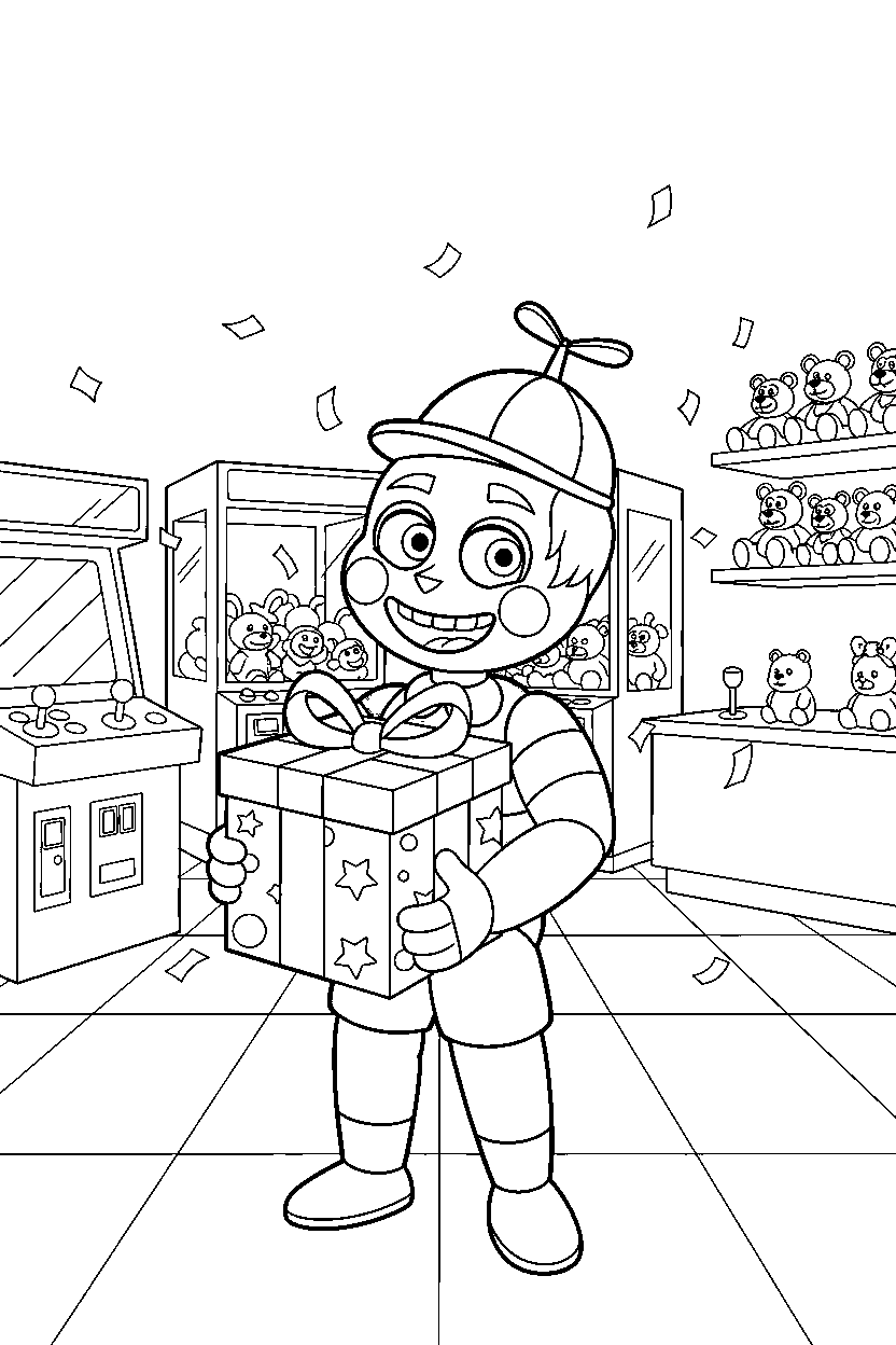 jj from five nights at freddy s holding a gift box in a bright game arcade line art