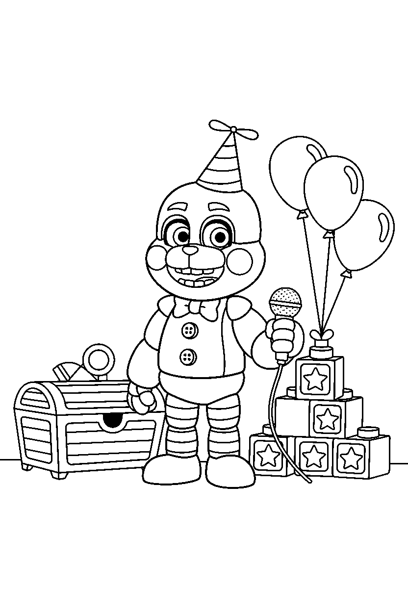 jj from five nights at freddy s holding a microphone in a decorated playroom line art