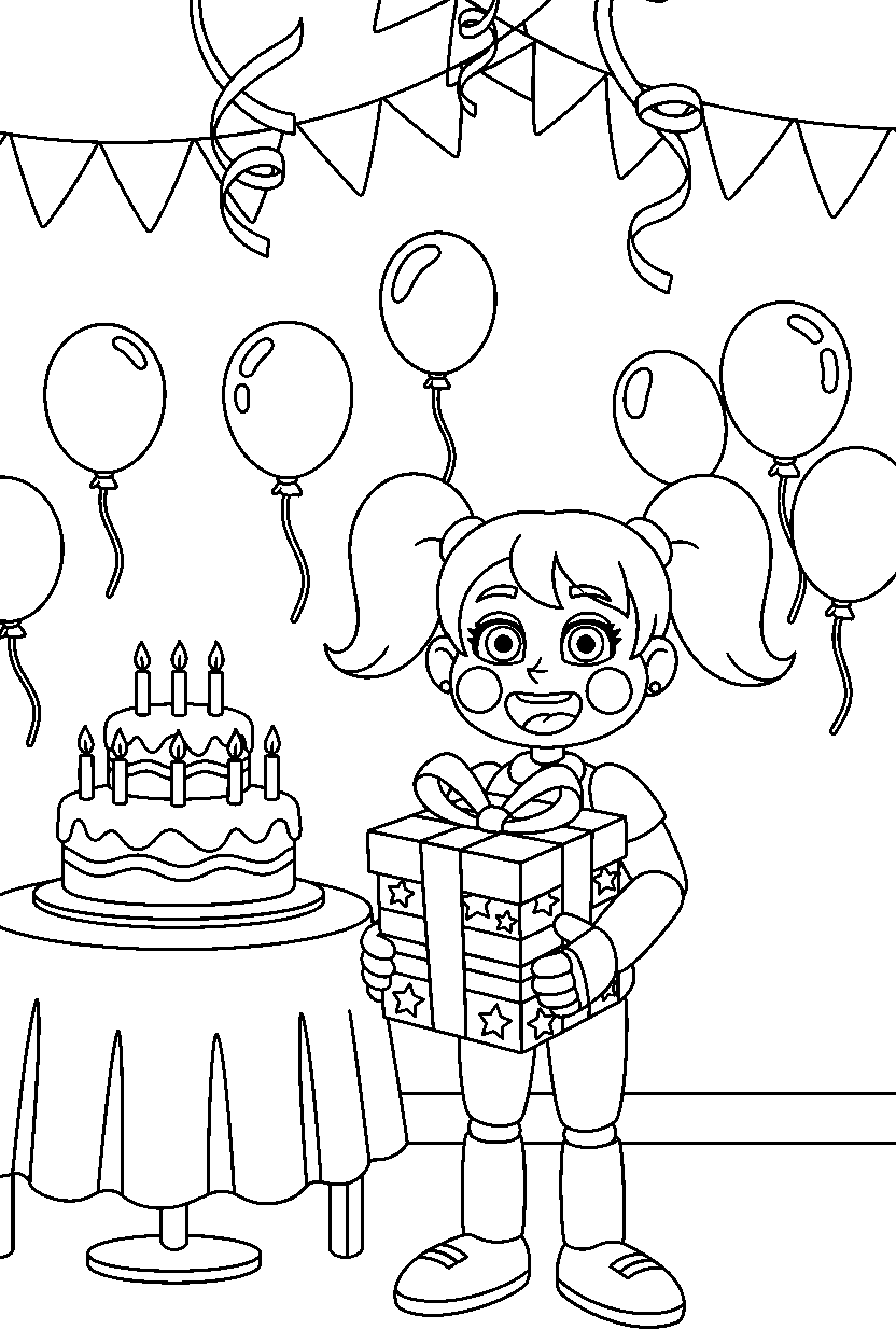 jj from five nights at freddy s holding a present in a colorful party hall line art