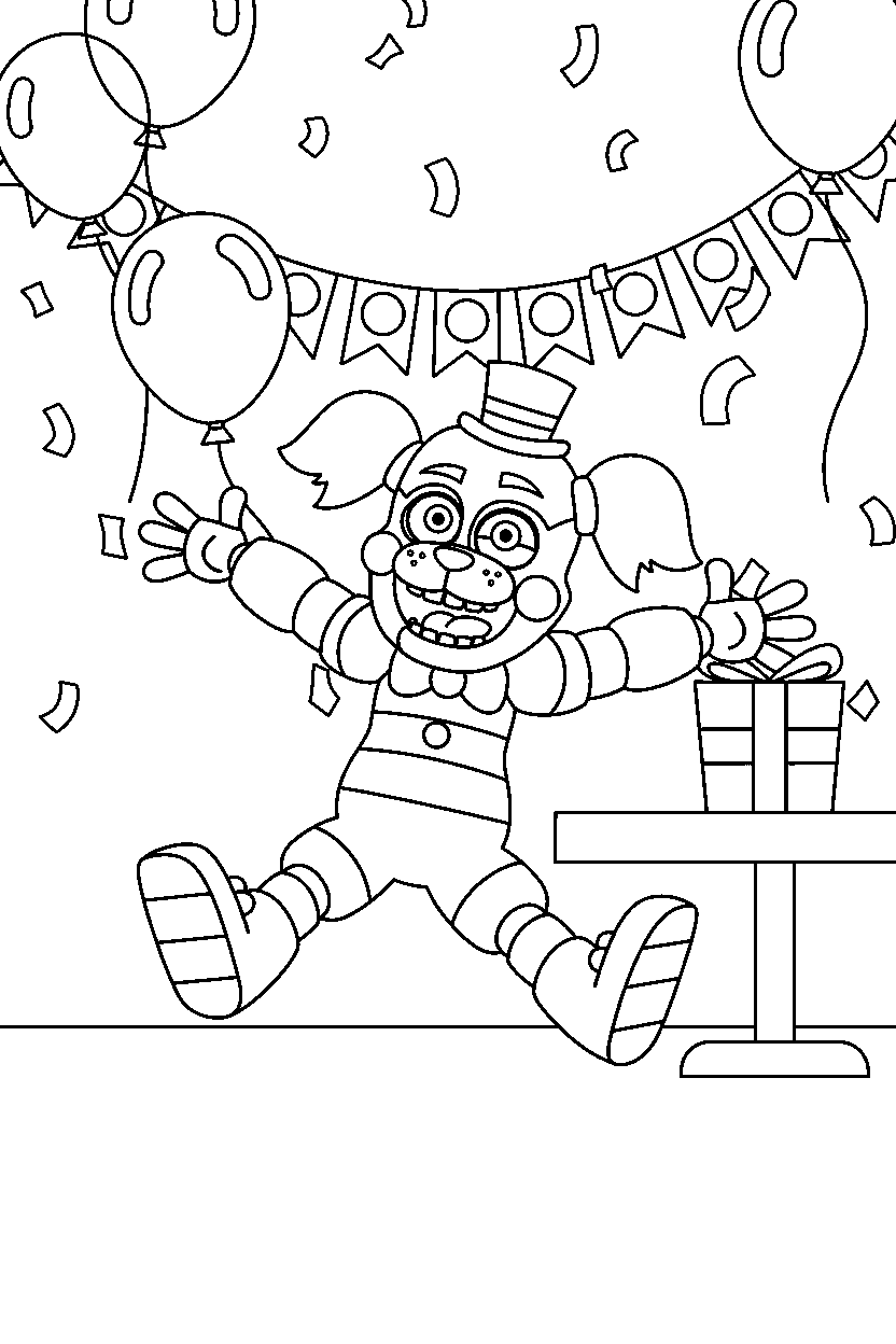 jj from five nights at freddy s making a funny pose in a festive event room line art