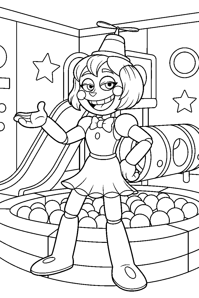 jj from five nights at freddy s making a funny pose inside an indoor play area line art