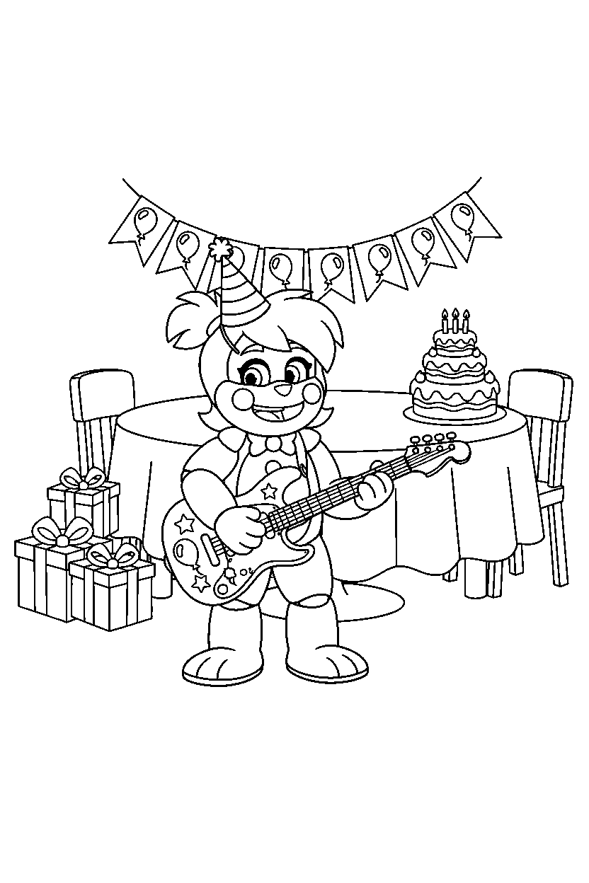 jj from five nights at freddy s playing guitar in a birthday celebration room line art