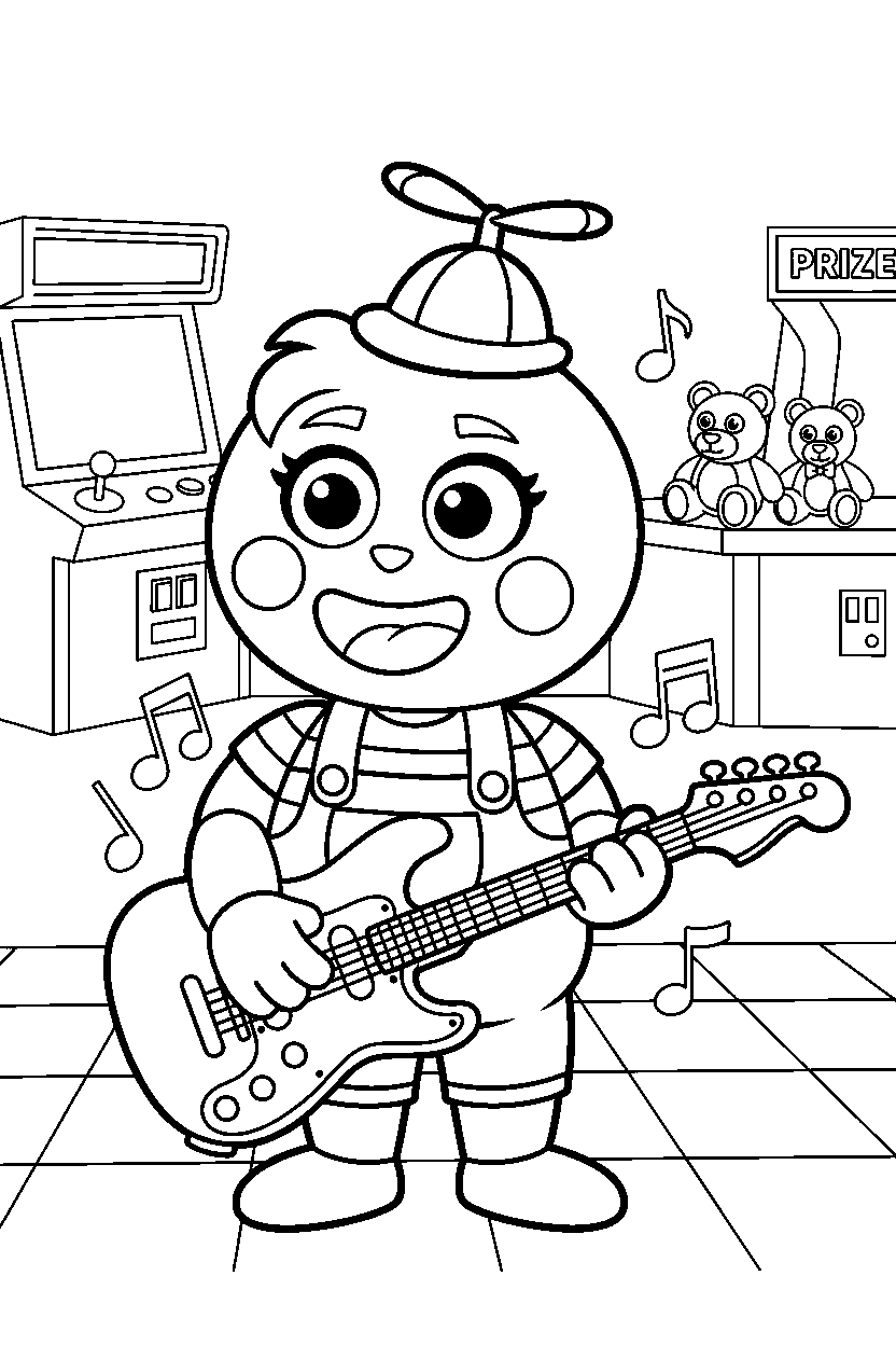 jj from five nights at freddy s playing guitar in a bright game arcade line art