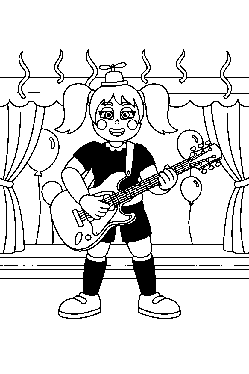 jj from five nights at freddy s playing guitar in a colorful entertainment hall line art