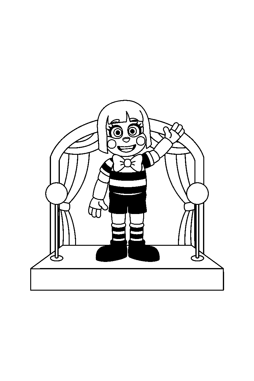 jj from five nights at freddy s standing and waving on a performance stage line art