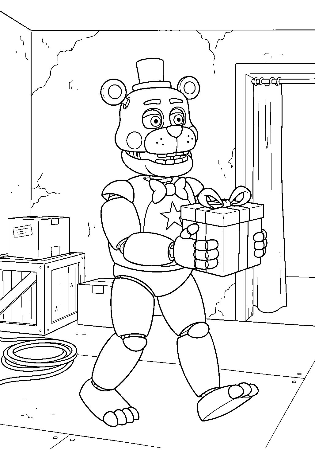 lefty carrying a gift box through the backstage storage area line art