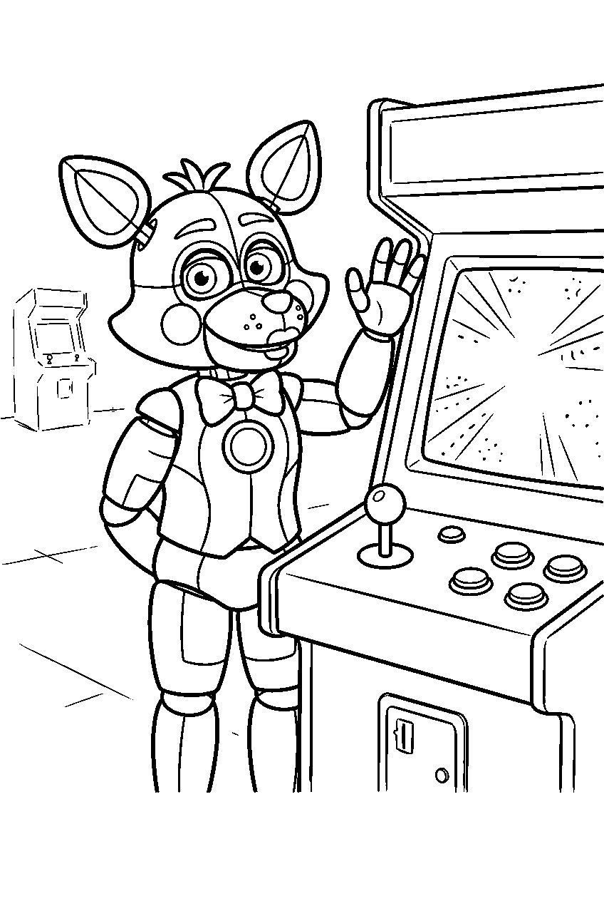 lolbit waving beside a screen at the arcade control panel line art