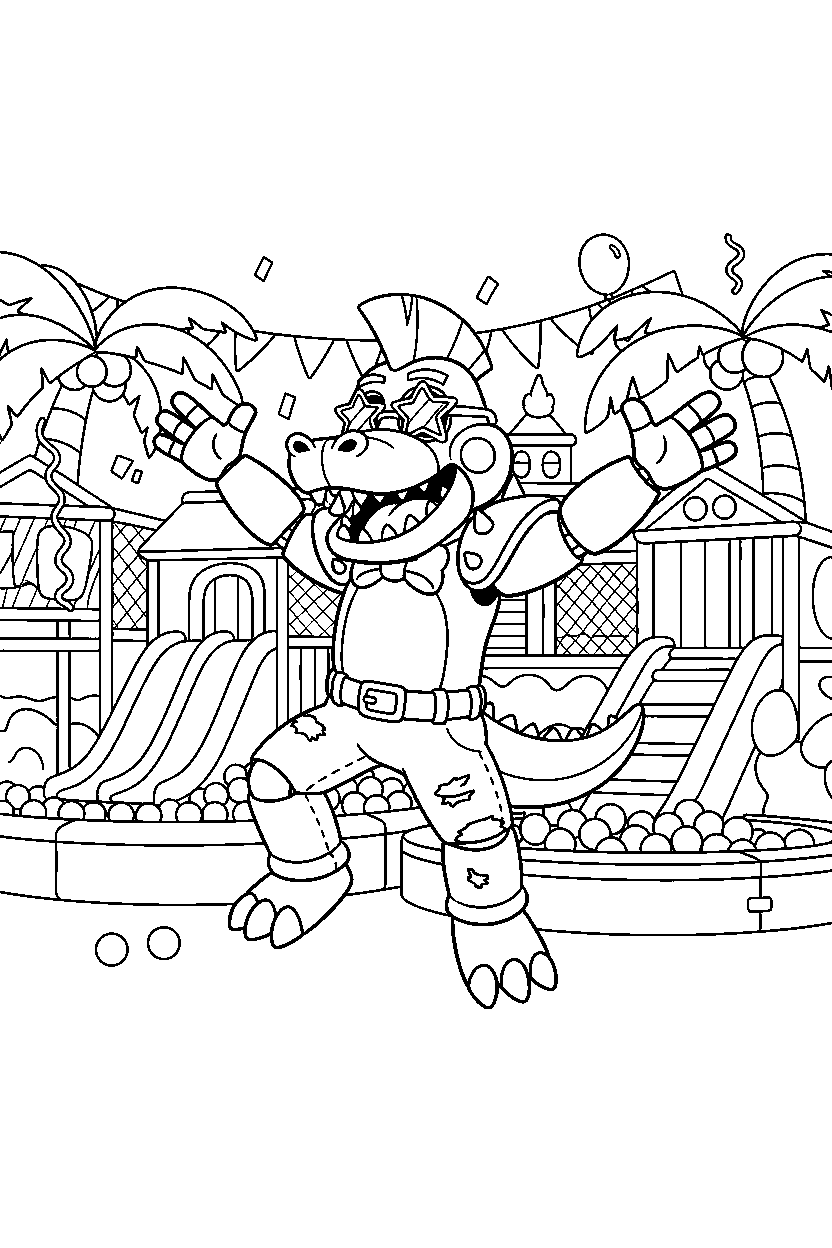 montgomery gator fnaf animatronic dancing happily inside an indoor play area line art