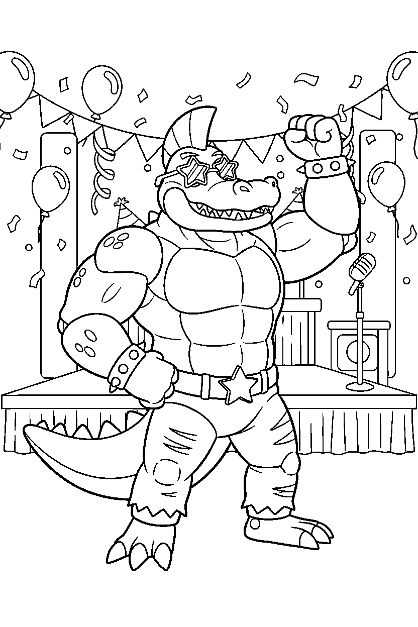 montgomery gator fnaf animatronic posing heroically in a colorful party hall line art