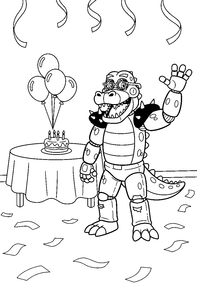 montgomery gator fnaf animatronic waving happily in a decorated party room line art