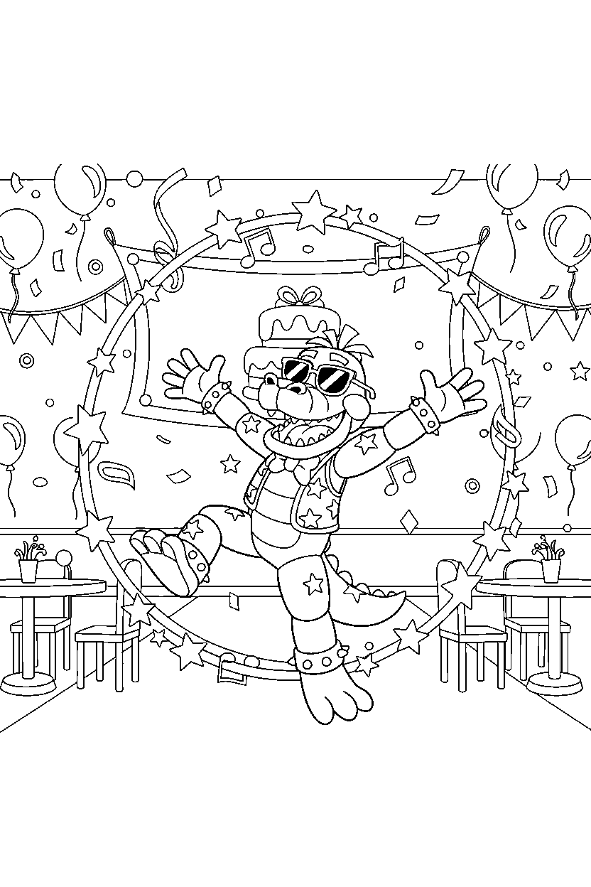montgomery gator from five nights at freddy s dancing happily inside a cartoon party hall line art