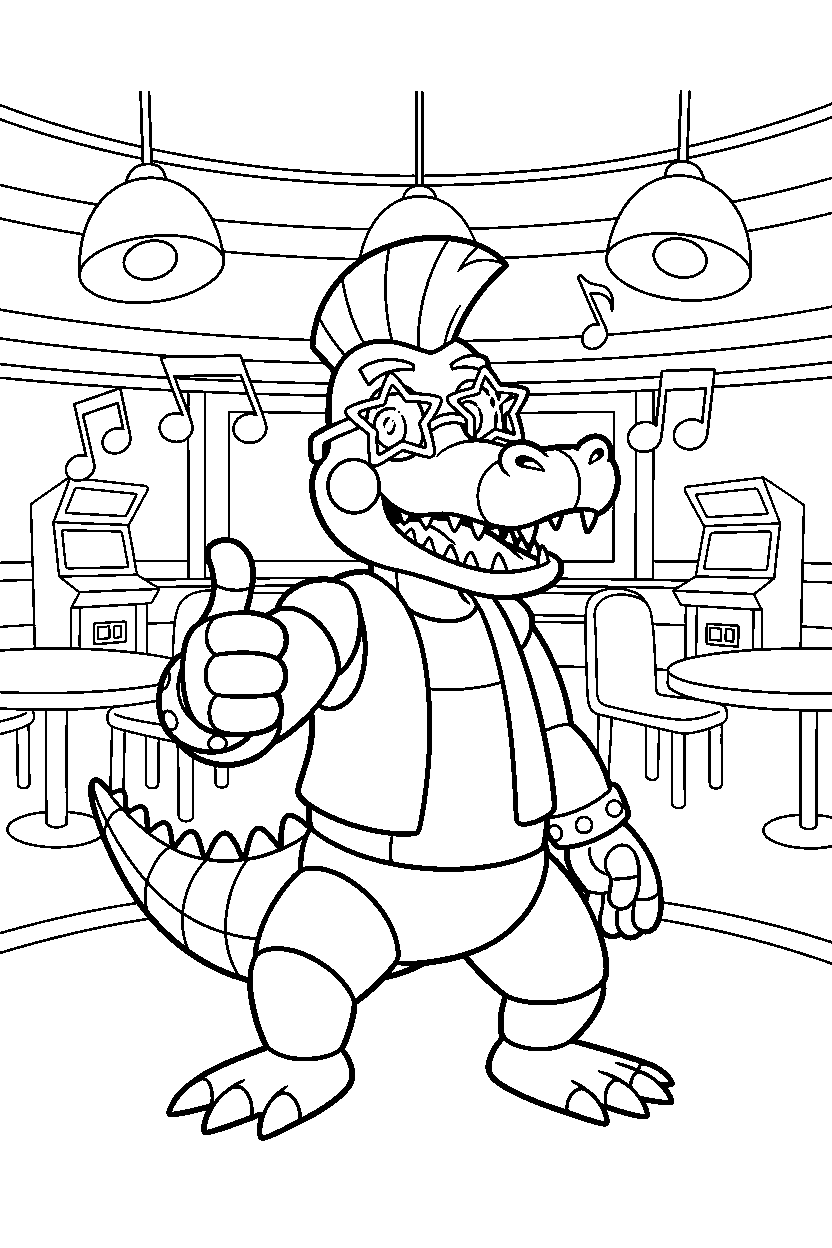 montgomery gator from five nights at freddy s giving a thumbs up in a colorful entertainment hall line art