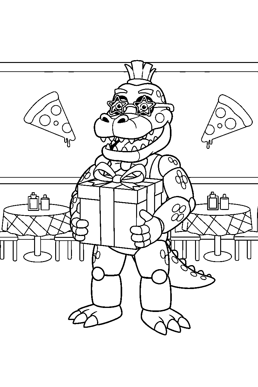 montgomery gator from five nights at freddy s holding a gift box in a pizzeria dining area line art