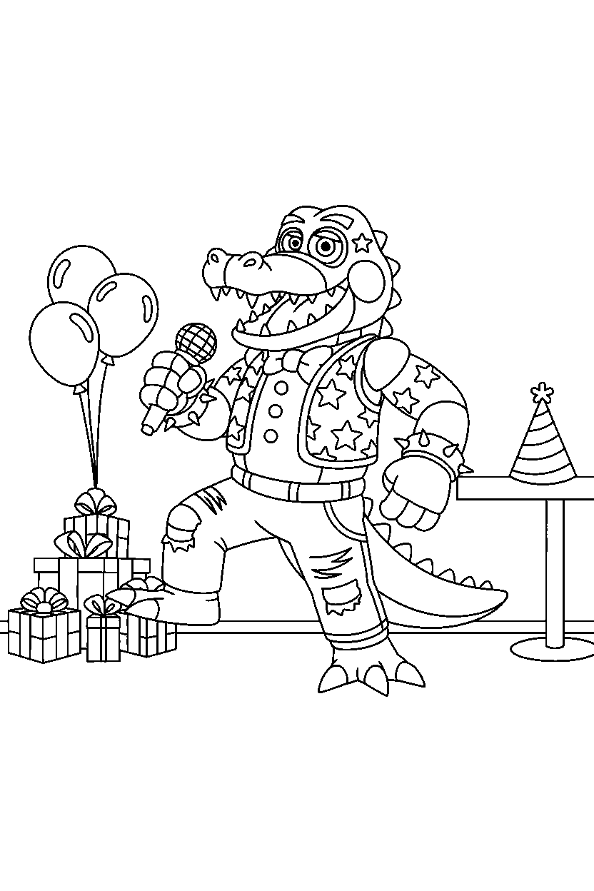 montgomery gator from five nights at freddy s holding a microphone in a bright party room line art