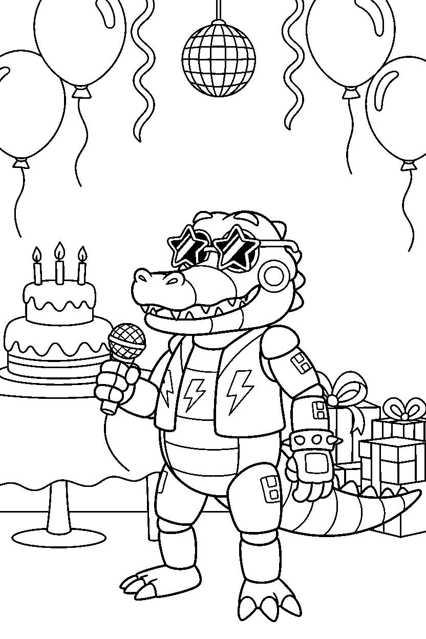 montgomery gator from five nights at freddy s holding a microphone in a decorated party room line art