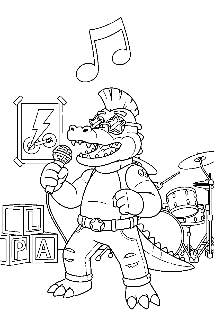 montgomery gator from five nights at freddy s holding a microphone in a decorated playroom line art