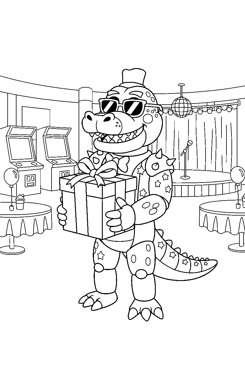 montgomery gator from five nights at freddy s holding a present in a colorful entertainment hall line art