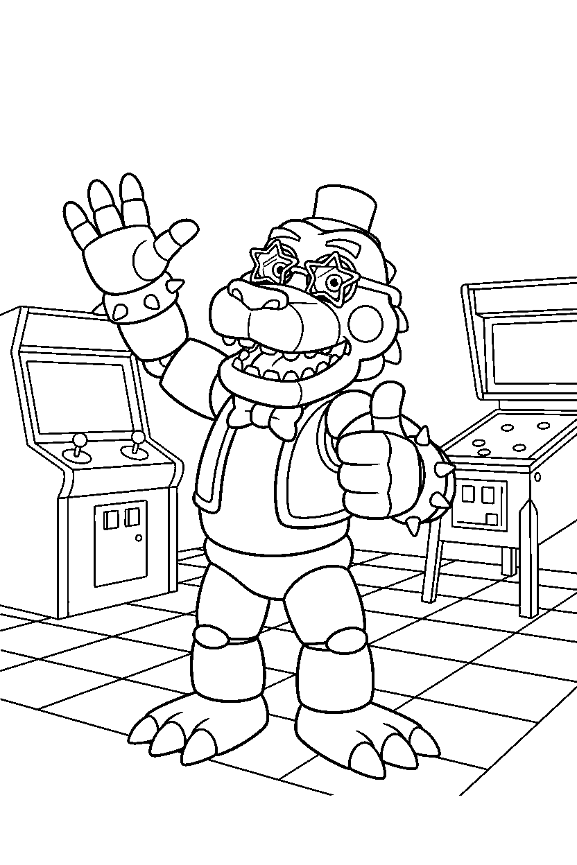 montgomery gator from five nights at freddy s making a friendly pose in a bright game arcade line art