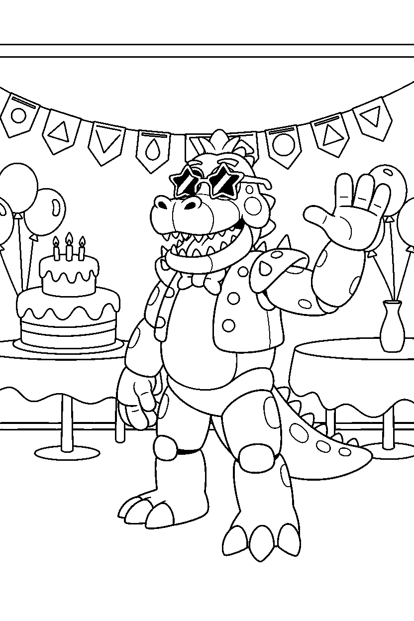 montgomery gator from five nights at freddy s making a friendly pose in a decorated party room line art