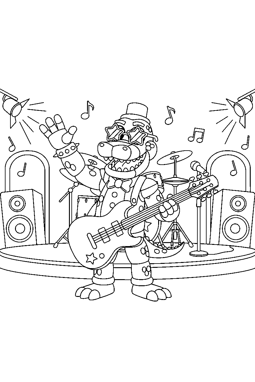 montgomery gator from five nights at freddy s making a friendly pose in a music stage hall line art