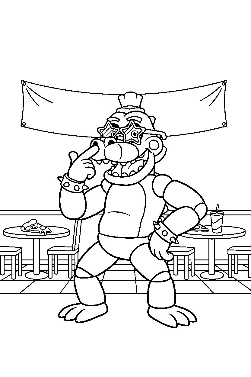 montgomery gator from five nights at freddy s making a funny pose in a pizzeria dining area line art