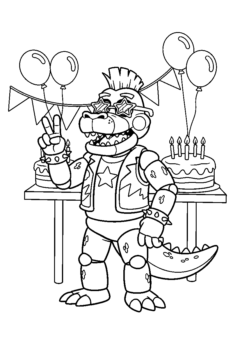 montgomery gator from five nights at freddy s making a peace sign in a decorated party room line art