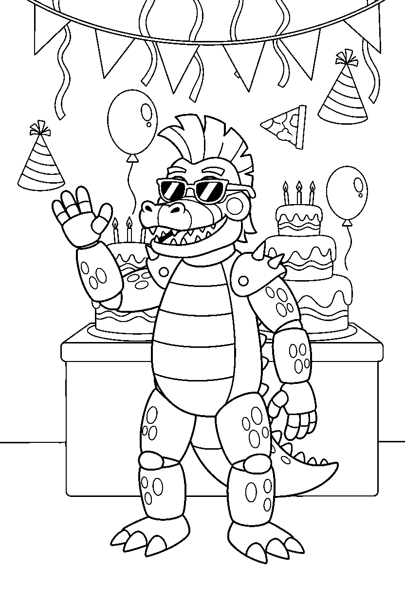 montgomery gator from five nights at freddy s standing and waving in a decorated party room line art