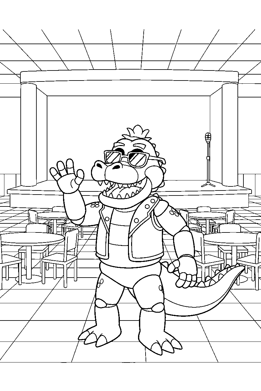 montgomery gator from five nights at freddy s standing and waving in a pizzeria dining area line art