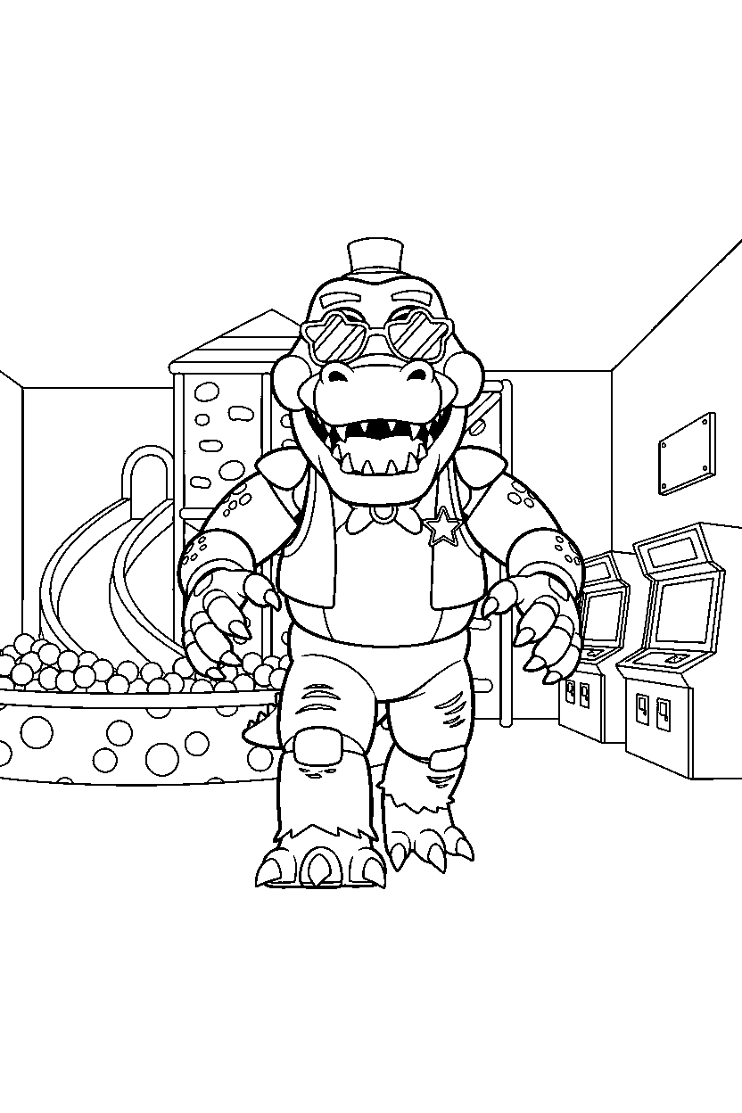 montgomery gator from five nights at freddy s walking forward inside an indoor play area line art