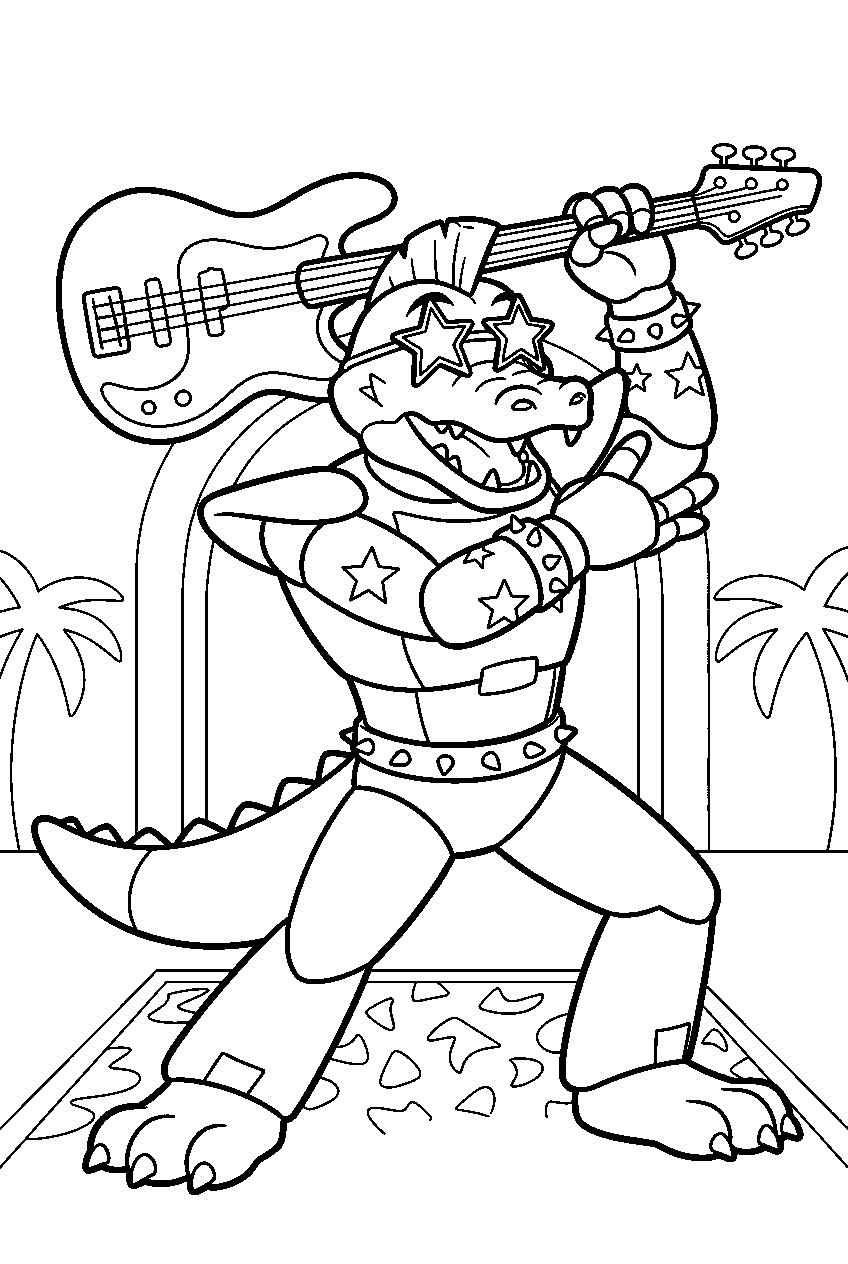 montgomery gator swinging his bass guitar inside monty golf line art