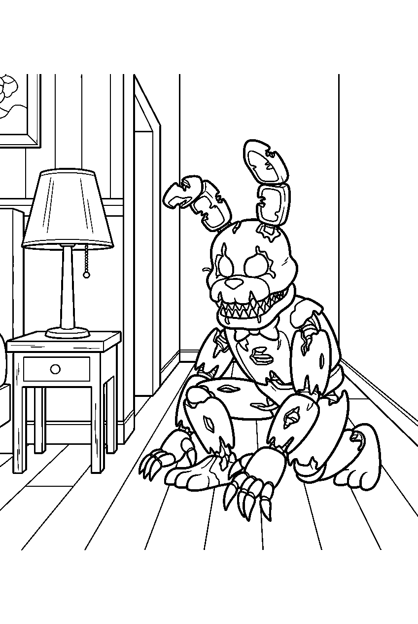 nightmare bonnie crouching near a lamp in the bedroom hallway line art