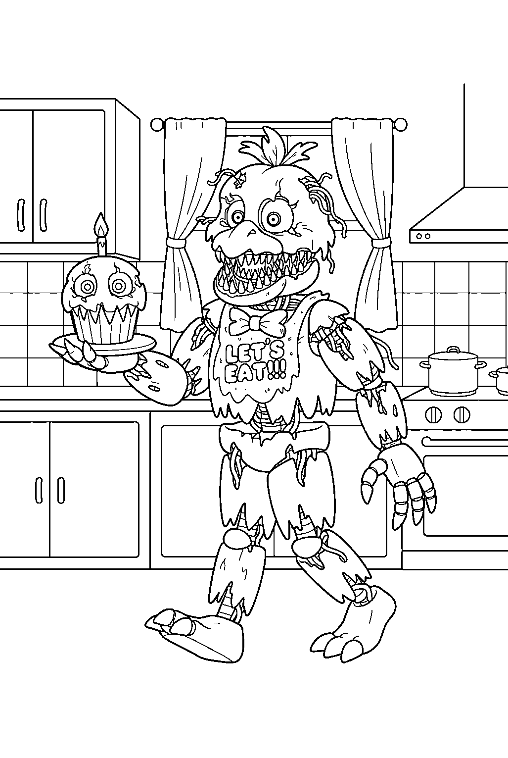 nightmare chica carrying nightmare cupcake through the family kitchen line art