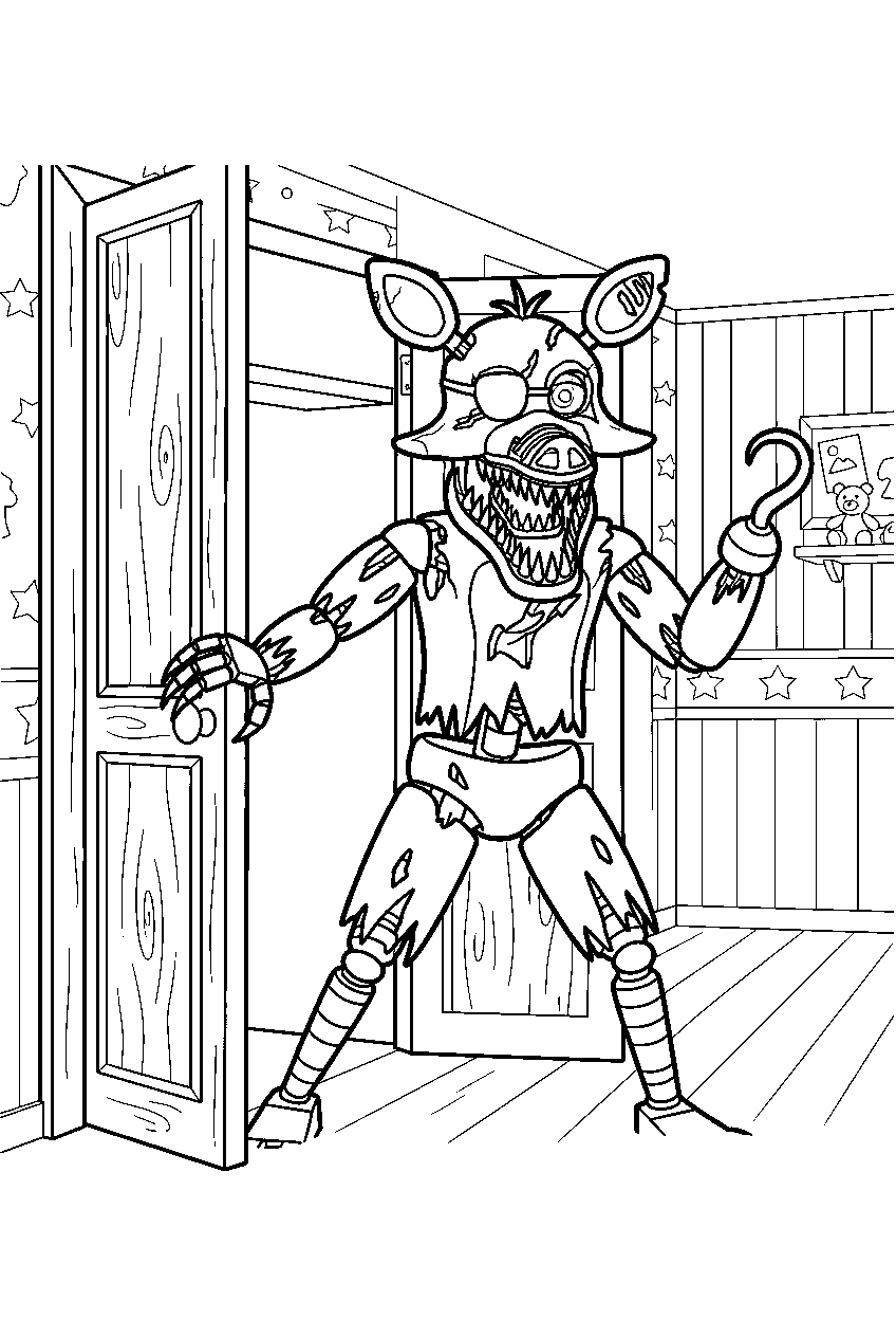 nightmare foxy opening the closet door inside the bedroom line art
