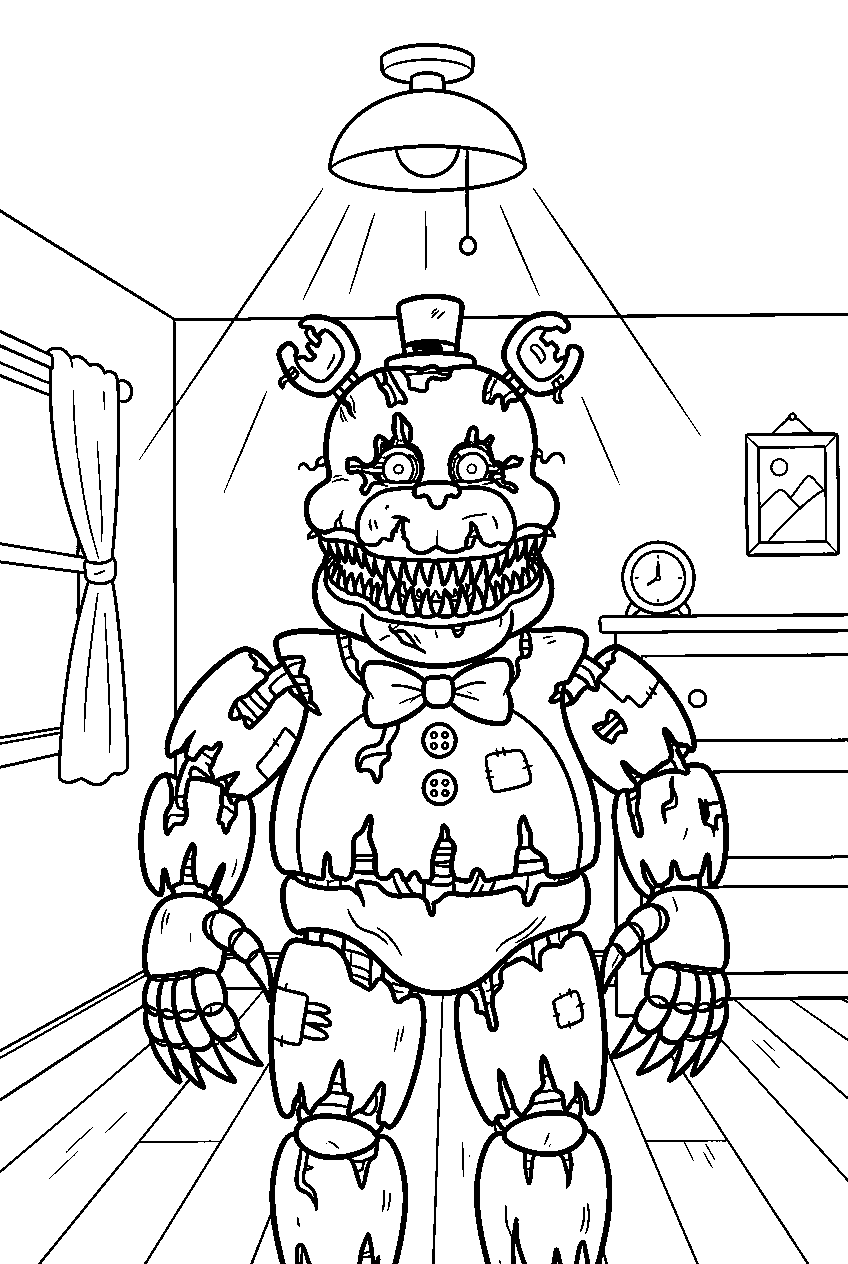 nightmare fredbear standing beneath a ceiling light in the bedroom line art