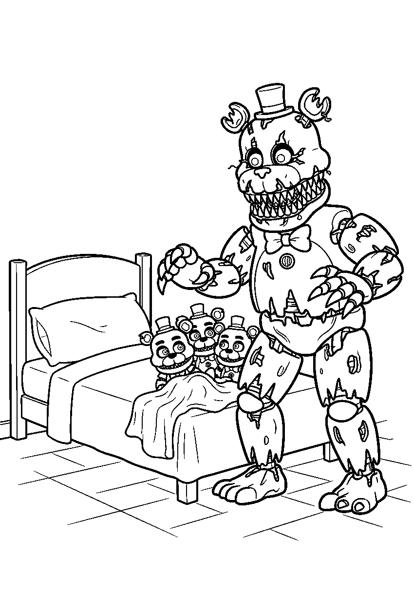 nightmare freddy guarding three freddles beside the bedroom bed line art