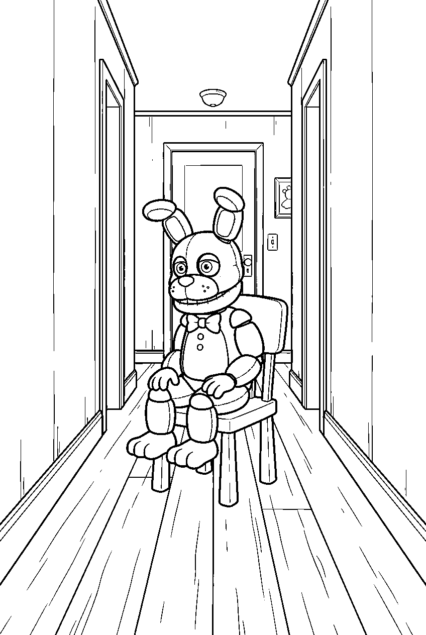 plushtrap sitting on a small chair at the end of the hallway line art