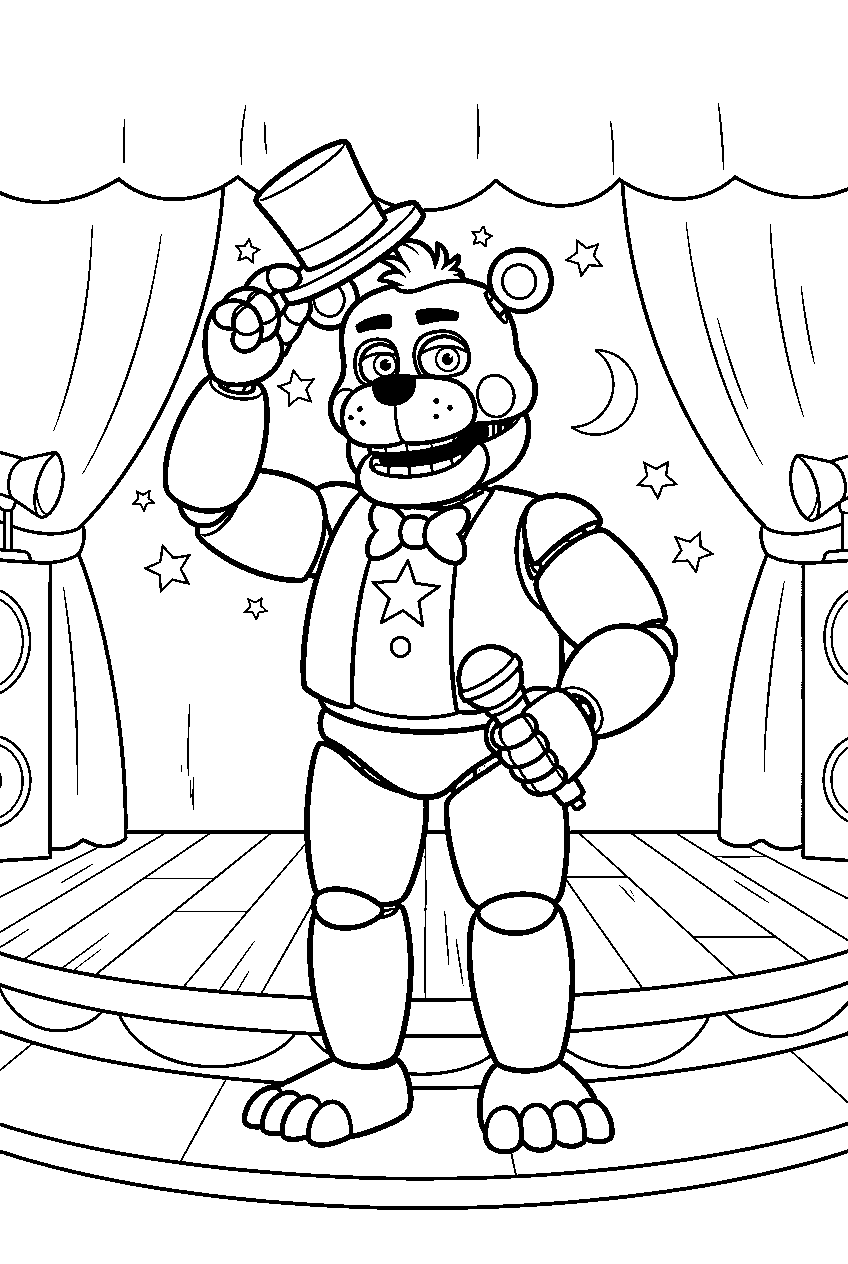 rockstar freddy tipping his hat on the grand performance stage line art
