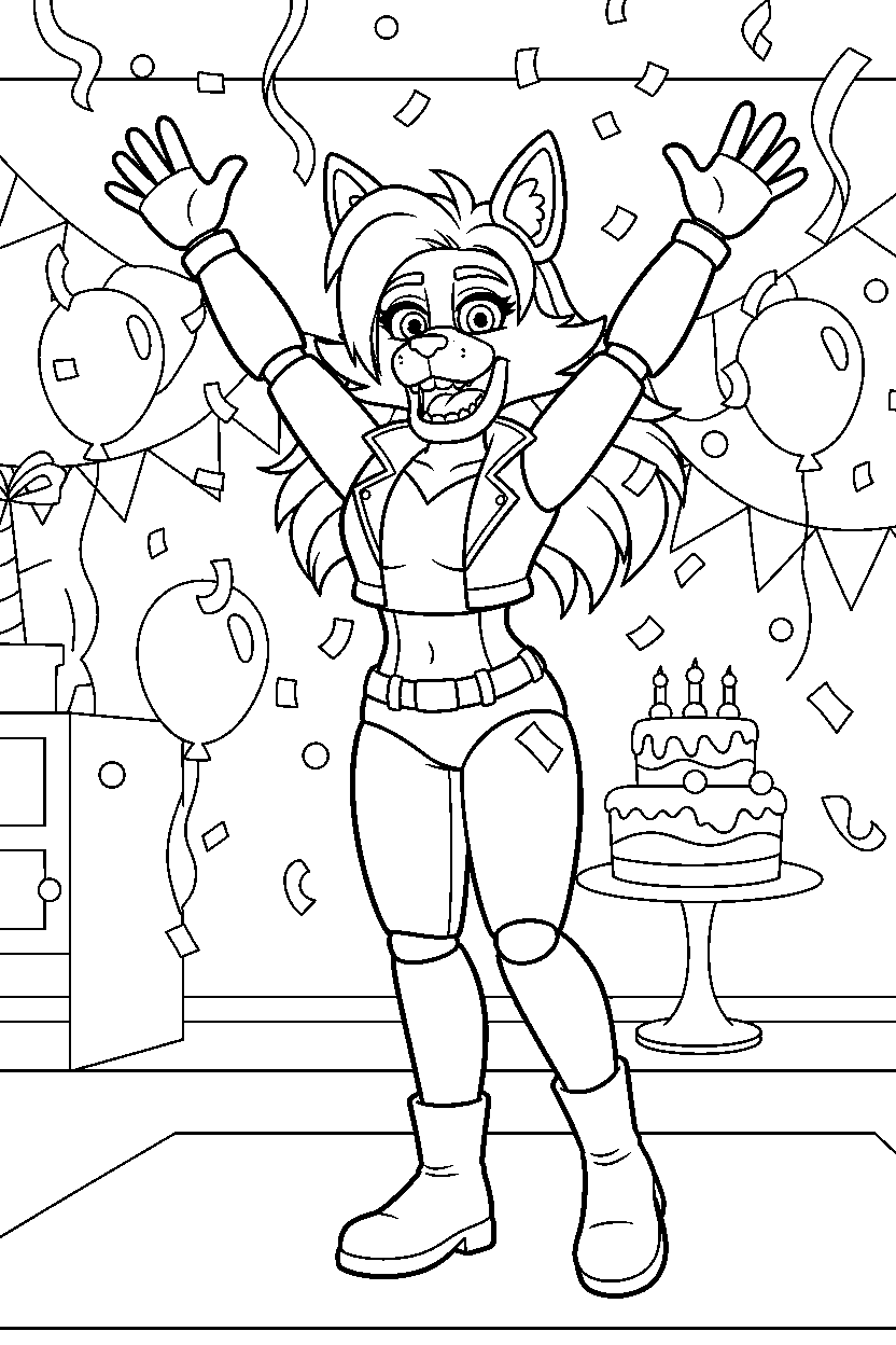 roxanne wolf fnaf animatronic celebrating happily in a bright party room line art