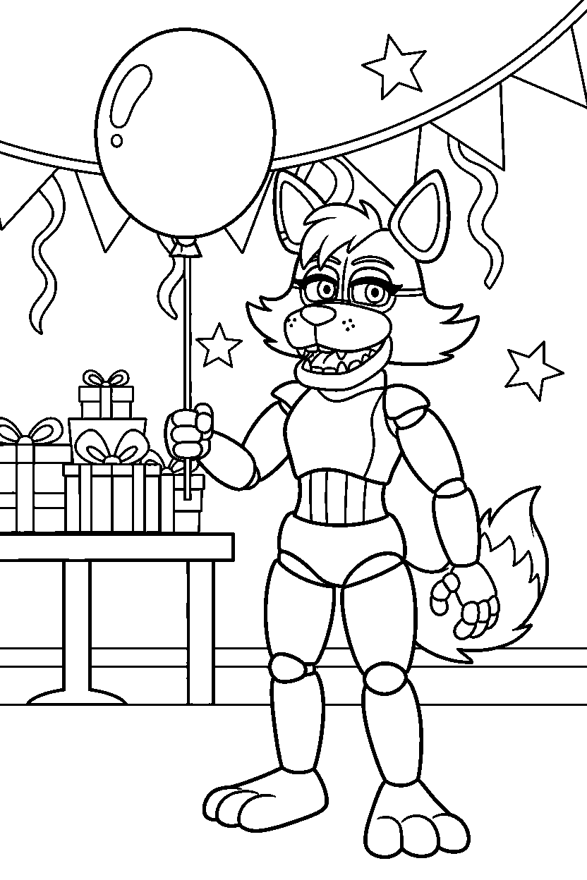 roxanne wolf fnaf animatronic holding a balloon in a decorated playroom line art
