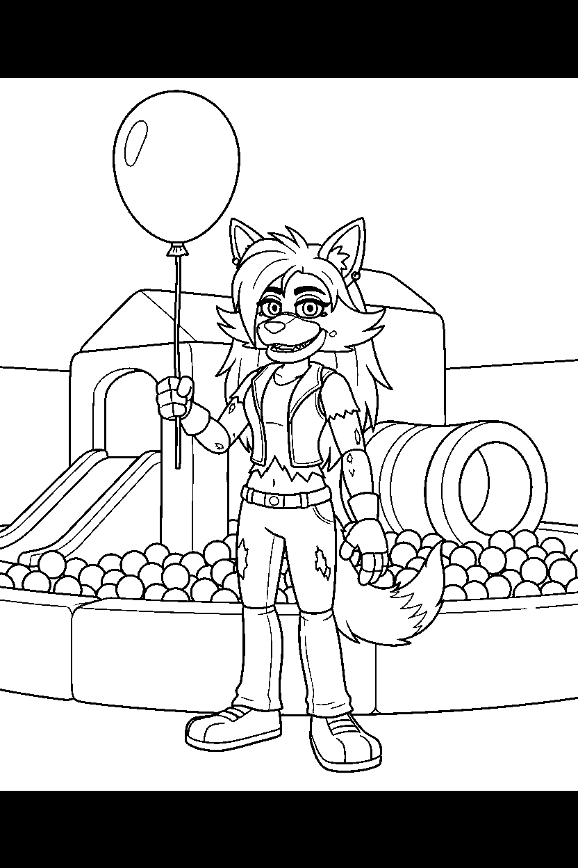 roxanne wolf fnaf animatronic holding a balloon inside an indoor play area line art