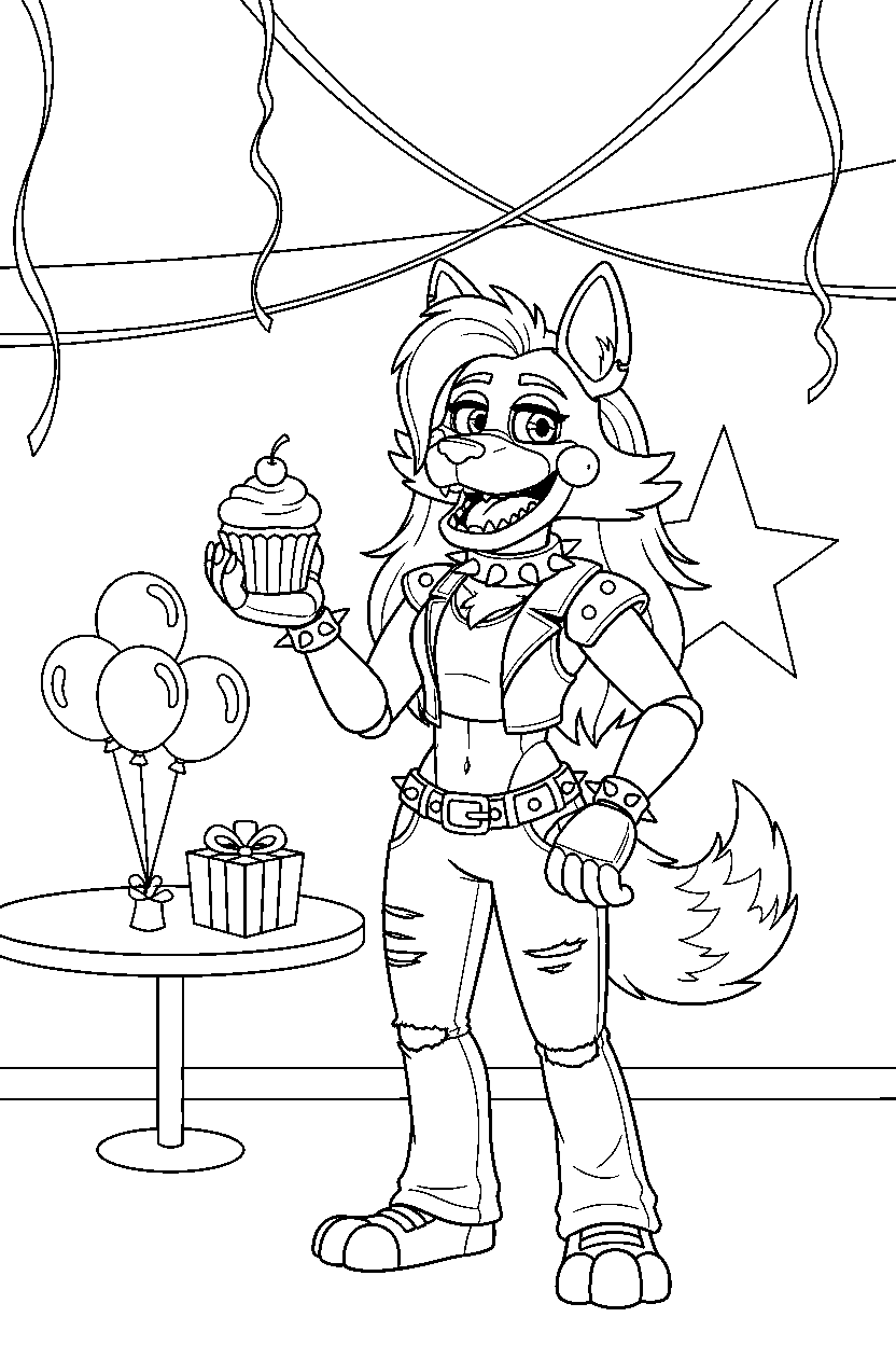 roxanne wolf fnaf animatronic holding a cupcake in a decorated playroom line art