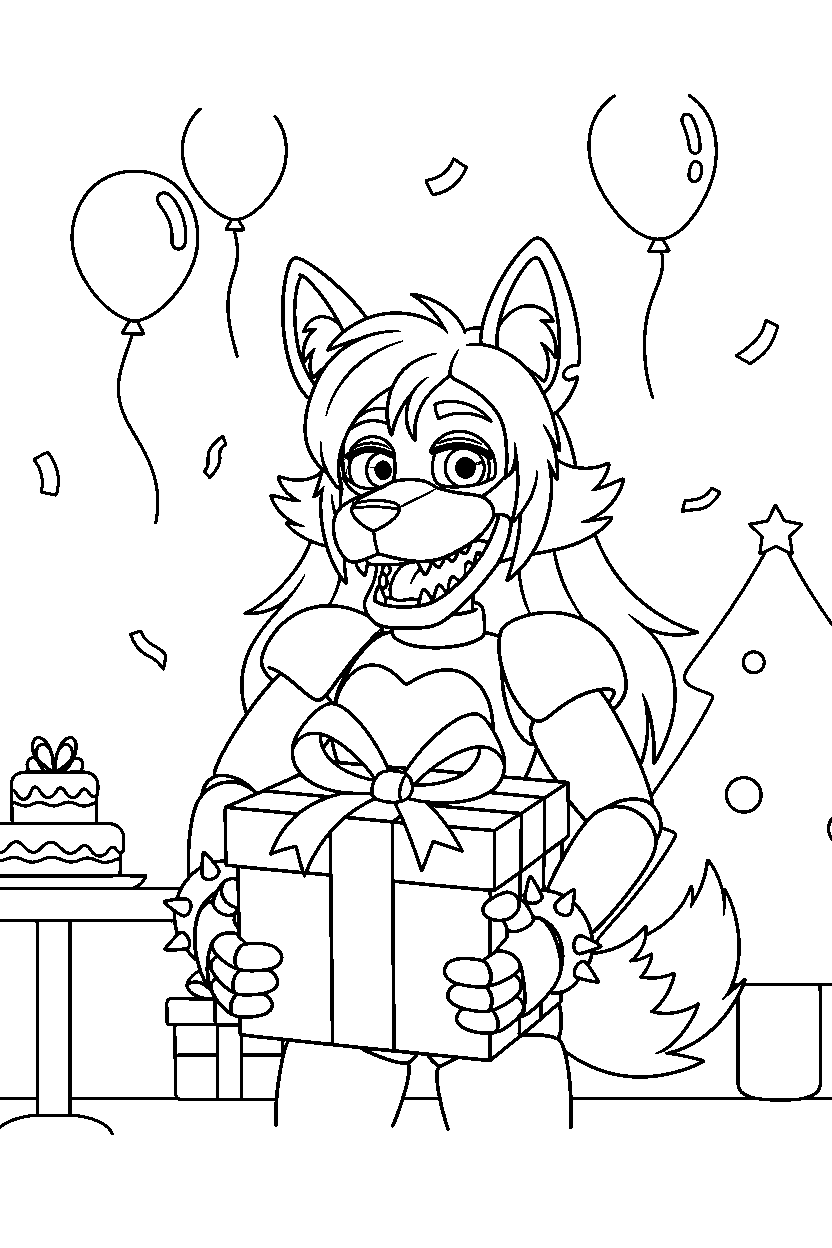 roxanne wolf fnaf animatronic holding a gift box in a festive event room line art