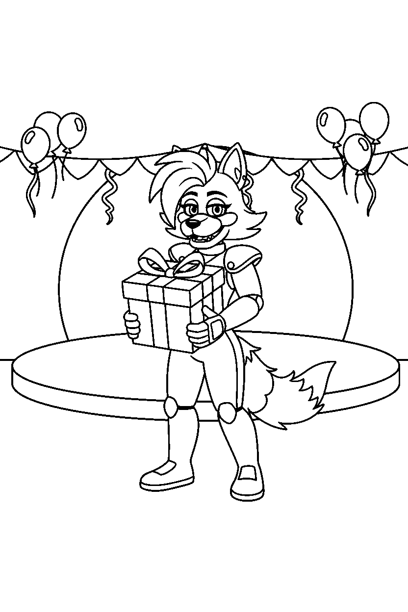 roxanne wolf fnaf animatronic holding a present in a festive event room line art