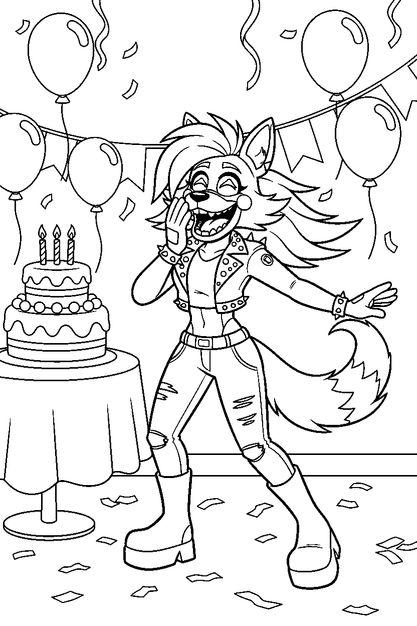roxanne wolf fnaf animatronic laughing happily in a bright party room line art