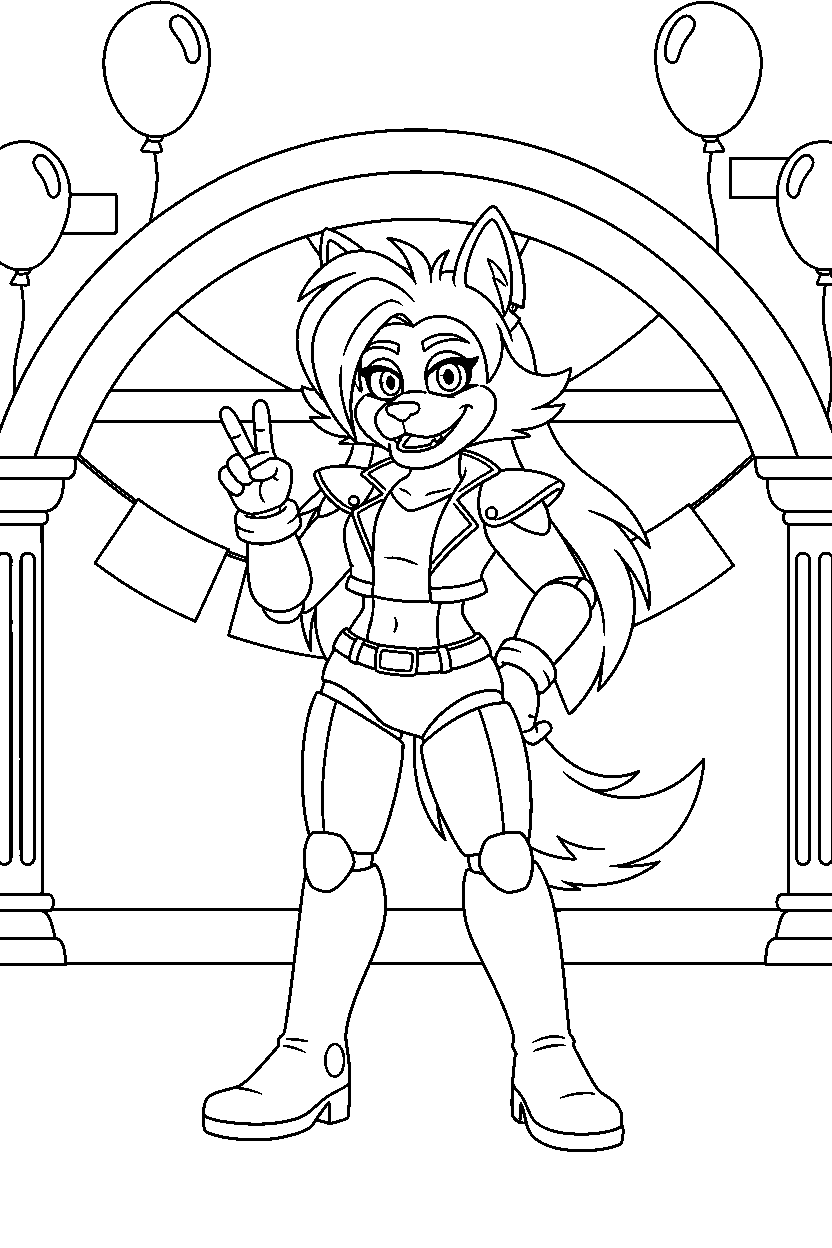 roxanne wolf fnaf animatronic making a peace sign in a celebration hall line art