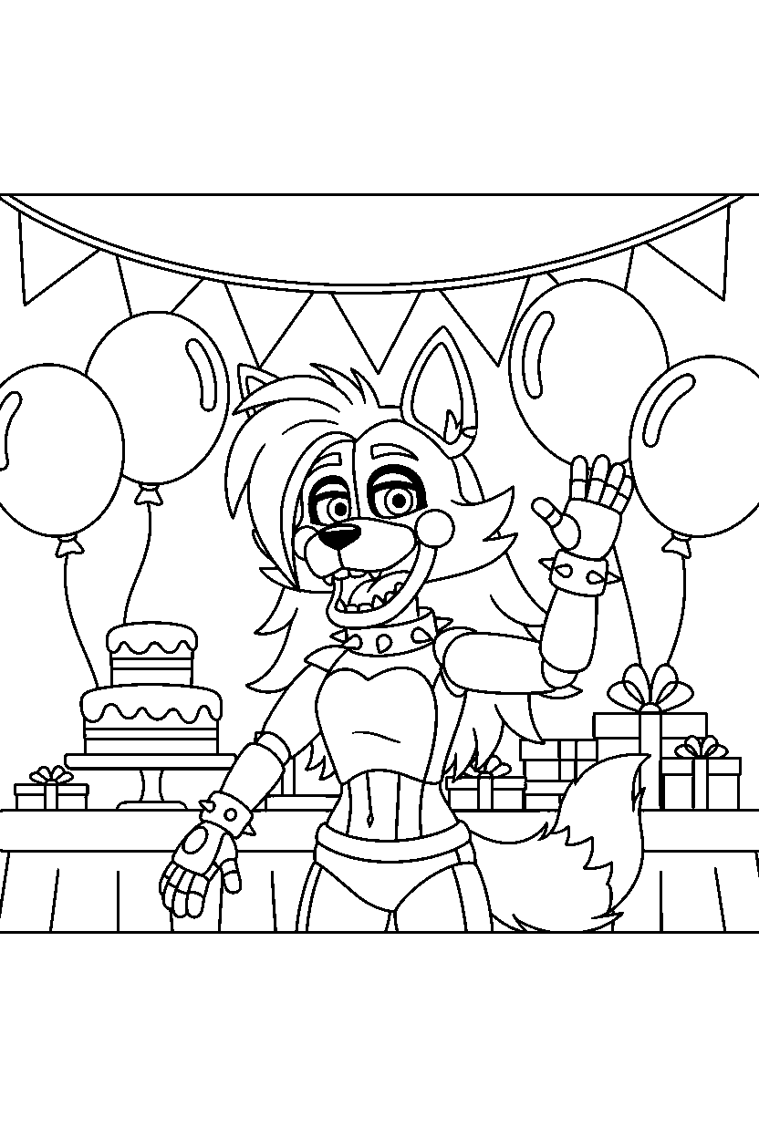 roxanne wolf fnaf animatronic waving happily in a decorated party room line art