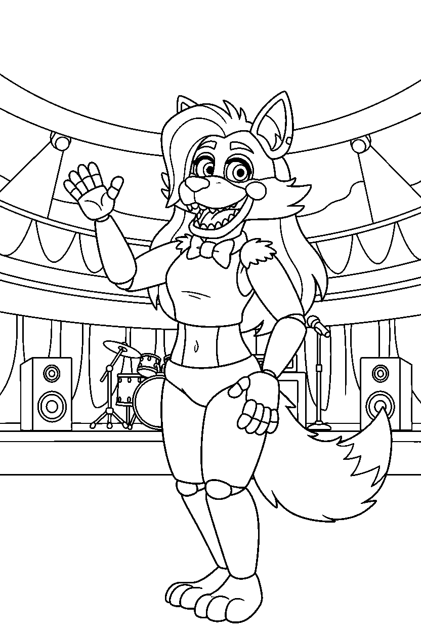 roxanne wolf fnaf animatronic waving happily in a music stage hall line art